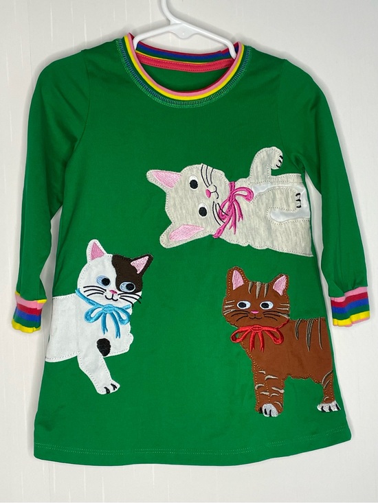 unknown Other - Green Kids Dress with Playful Cat Appliqués Crewneck LS 2Y